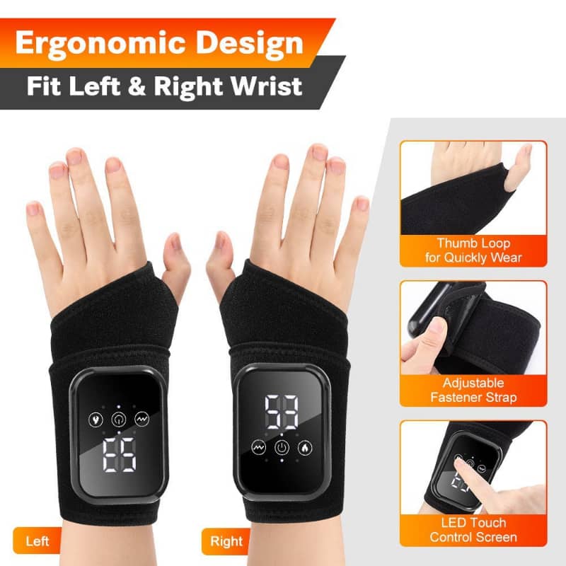 Black wrist support devices with digital displays on left and right wrists, showing ergonomic design features.