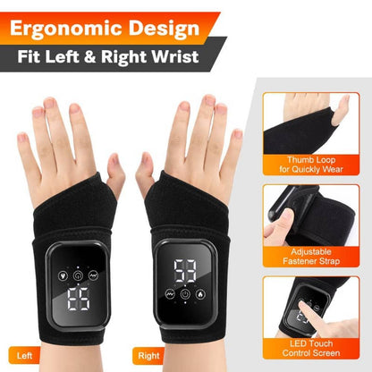 Black wrist support devices with digital displays on left and right wrists, showing ergonomic design features.