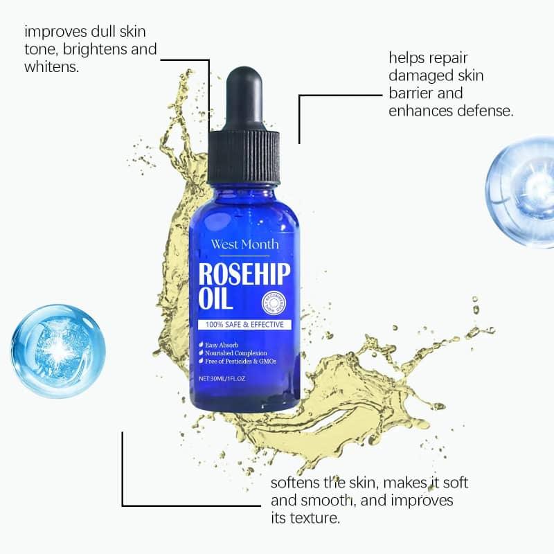 West Month rosehip oil serum bottle with dropper, surrounded by oil splash and skincare benefits text.