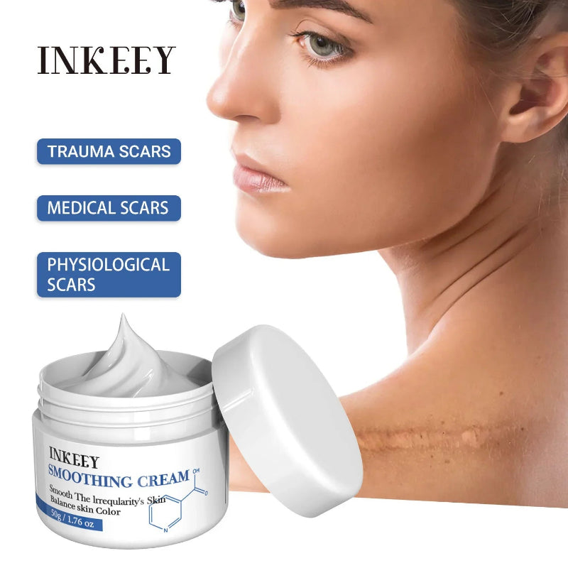Scar smoothing cream for trauma, medical, physiological scars shown with model's neck scar