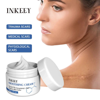 Scar smoothing cream for trauma, medical, physiological scars shown with model's neck scar