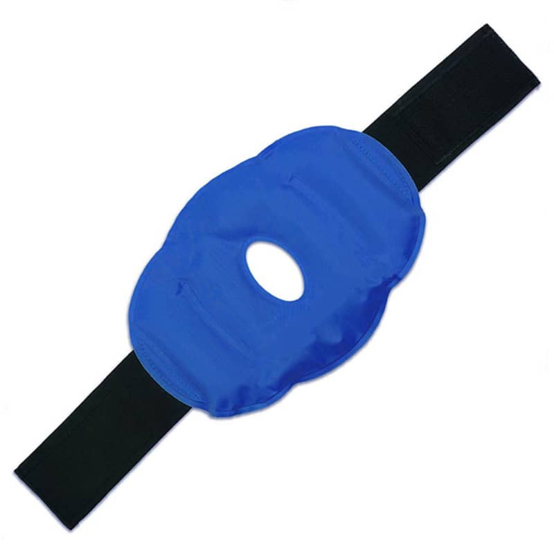 Blue protective gear with a black strap on a white background