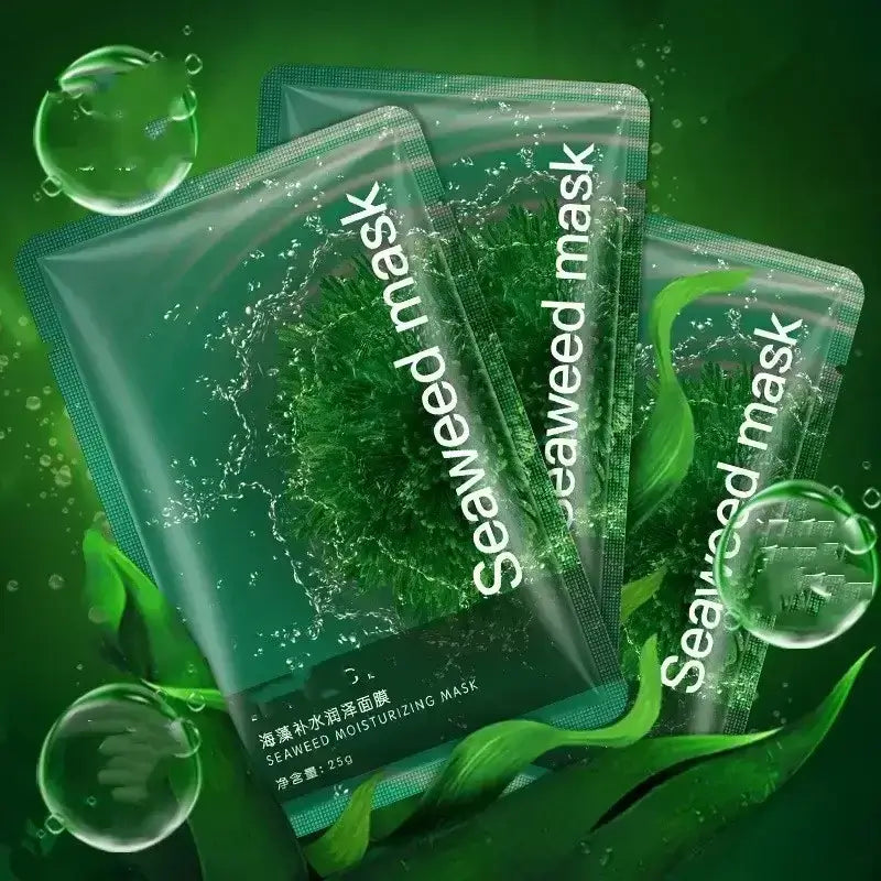 Seaweed moisturizing face mask packs surrounded by green water and bubbles