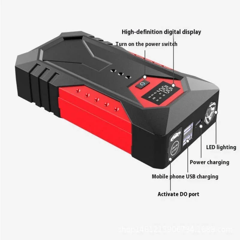 Portable power bank with digital display, USB charging ports, LED light, and rugged design.