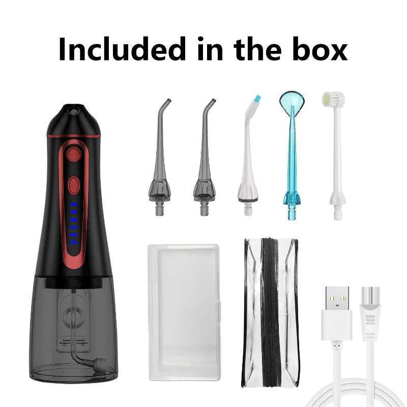 Water flosser oral irrigator, Included in the box. The main device is black with red accents and blue LED lighting, alongside four nozzle tips, two cleaning heads, a clear storage case, a black-and-clear sleeve, and a white USB charging cable.