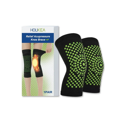 Black and green acupressure knee braces for support and pain relief, product packaging visible
