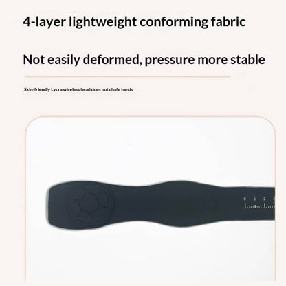 Black conforming fabric strip with text about its properties on a beige background