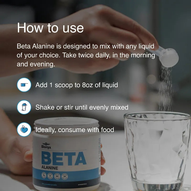 A hand holds a scoop of powder above a glass while another hand holds a jar labeled Biovyx Beta Alanine. White text on the image explains how to use the product: add 1 scoop to 8oz of liquid, shake or stir until evenly mixed, and ideally consume with food.
