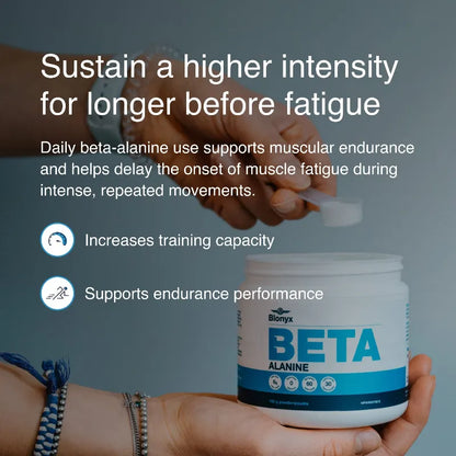 Bionix Beta Alanine supplement container with text about beta-alanine benefits on a dark background