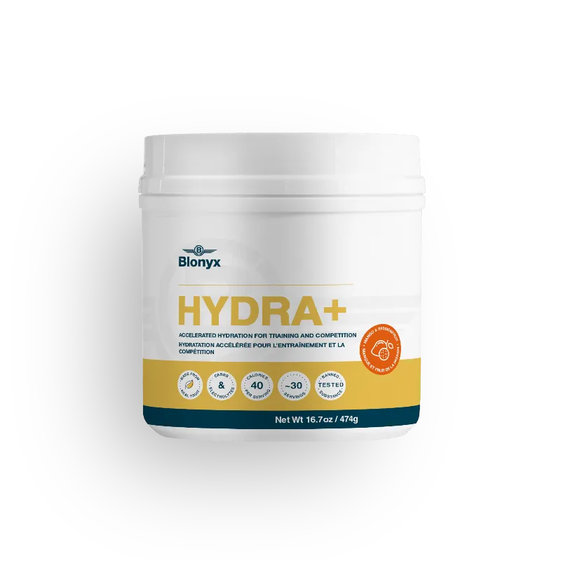 A white plastic tub of Blonyx HYDRA+ sports drink rehydration powder, featuring a white label with yellow, orange, and dark blue accents, set against a plain white background.