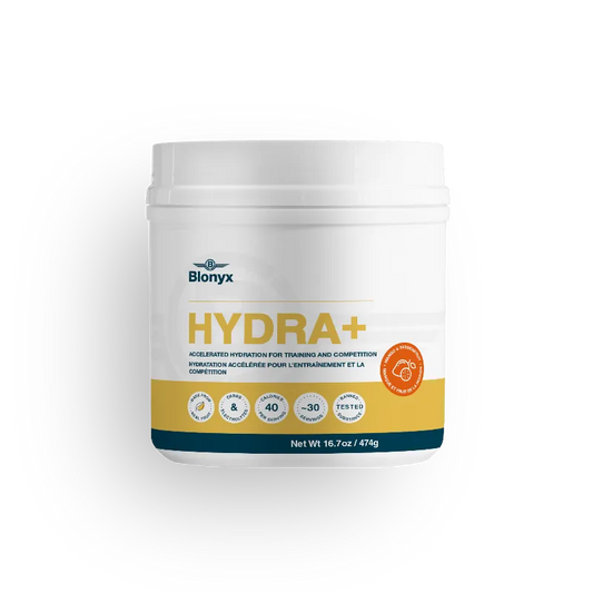 A white plastic tub of Blonyx HYDRA+ sports drink rehydration powder, featuring a white label with yellow, orange, and dark blue accents, set against a plain white background.