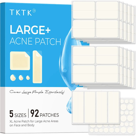 TKTK Large Pimple Patches (5 Sizes 92 Patches) Hydrocolloid Acne Patches XL Zit Patches for Face Forehead Chin Nose Body Back Chest Rectangular Square and Dot Hydrocolloid Bandages/Supplements