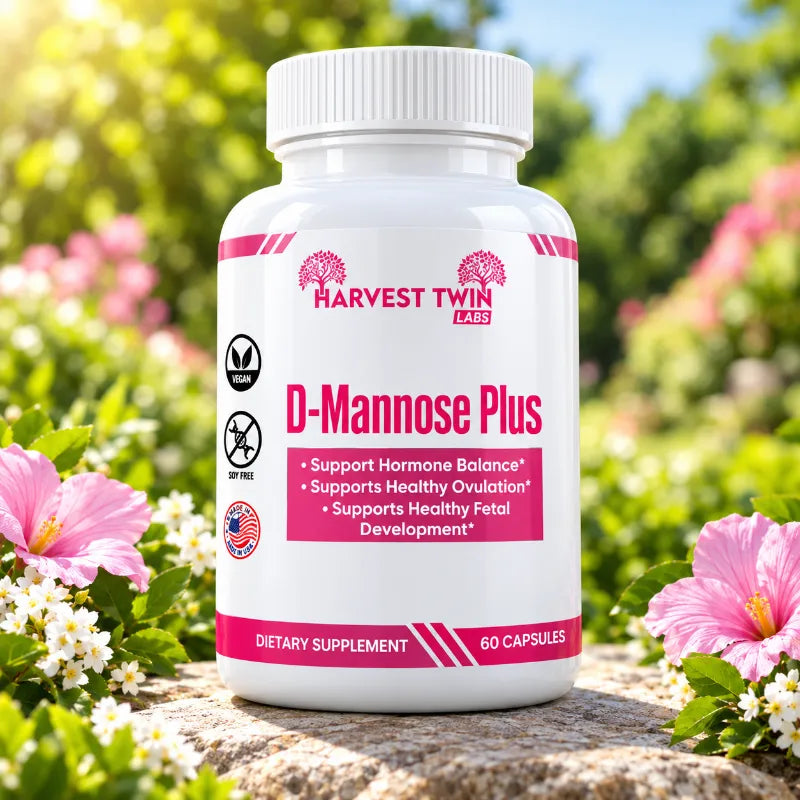 A white bottle of Harvest Twin Labs D-Mannose Plus dietary supplement, set on a stone surface surrounded by pink hibiscus flowers and green foliage in a sunny garden.