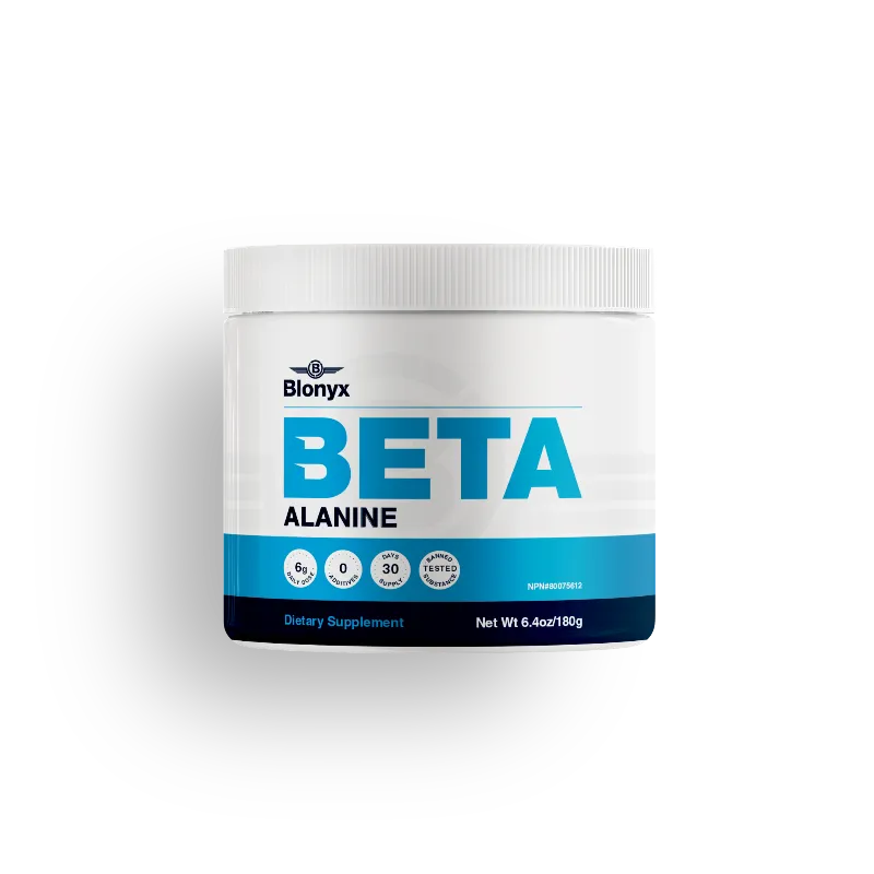 A white plastic tub of Bionyx Beta Alanine dietary supplement with a white lid, featuring a label with blue and black text on a white background.