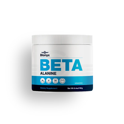 A white plastic tub of Bionyx Beta Alanine dietary supplement with a white lid, featuring a label with blue and black text on a white background.