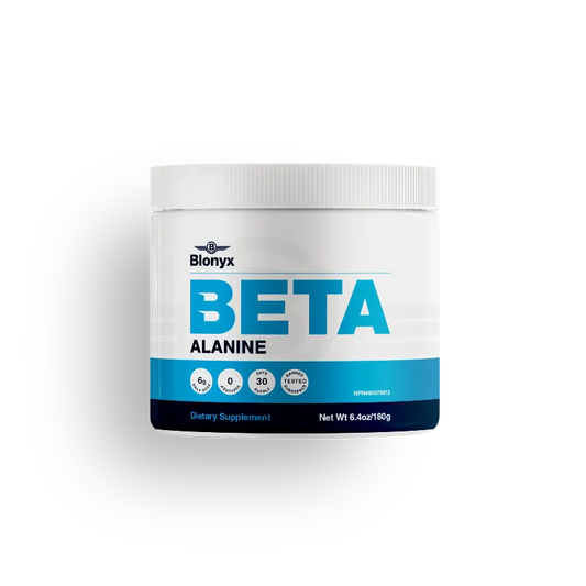 A white plastic tub of Bionyx Beta Alanine dietary supplement with a white lid, featuring a label with blue and black text on a white background.