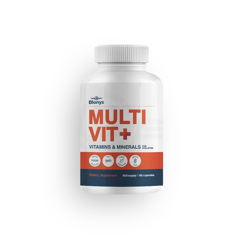 A white plastic bottle of Blonyx Multi Vit+ dietary supplement with a white ribbed cap, featuring a label with orange and navy blue text and graphics, set against a plain white background.