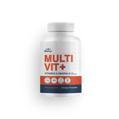 A white plastic bottle of Blonyx Multi Vit+ dietary supplement with a white ribbed cap, featuring a label with orange and navy blue text and graphics, set against a plain white background.