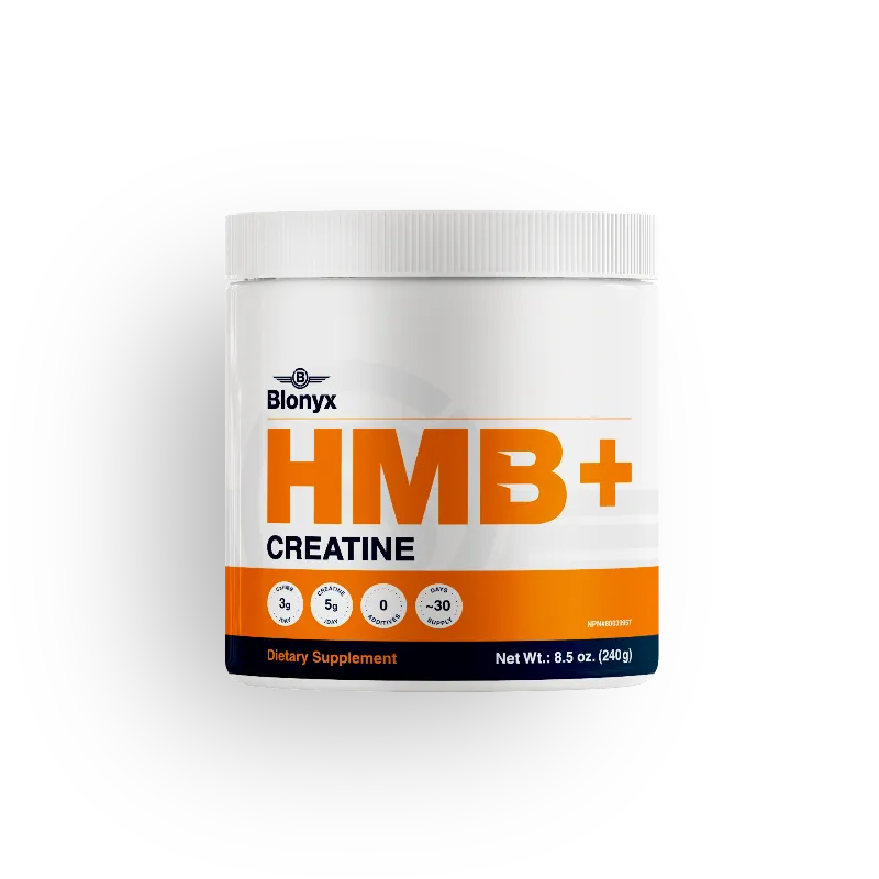 A white plastic tub of Blonyx HMB+ Creatine dietary supplement, featuring a white lid and a label with bold orange and black text on a clean white background.