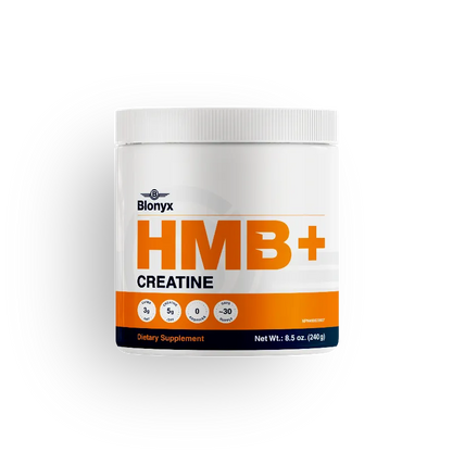 A white plastic tub of Blonyx HMB+ Creatine dietary supplement, featuring a white lid and a label with bold orange and black text on a clean white background.