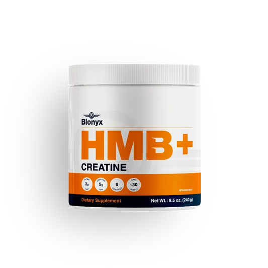 A white plastic tub of Blonyx HMB+ Creatine dietary supplement, featuring a white lid and a label with bold orange and black text on a clean white background.