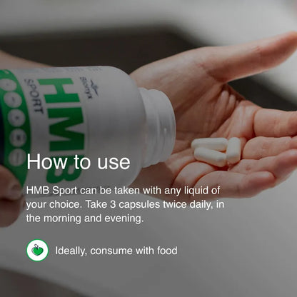 Hand holding HMB Sport capsules with usage instructions overlayed