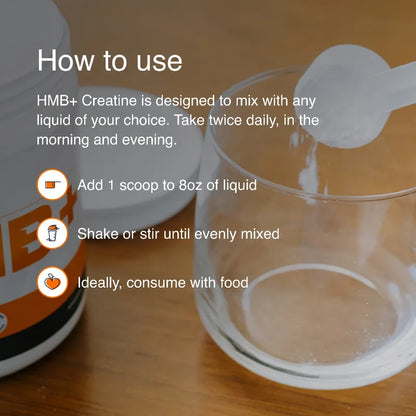 Instructions for using HMB+ Creatine with a scoop and glass on a wooden surface.