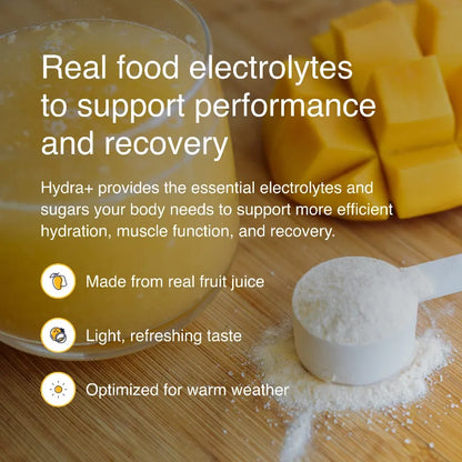 Hydration product with fruit juice and powder on a wooden surface, featuring text about electrolytes and performance.