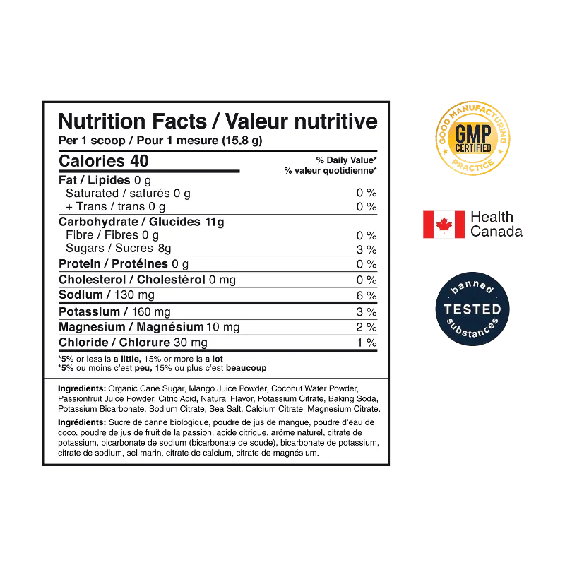 Nutrition facts label for a dietary supplement powder, showing calories, fat, protein, and other nutrients per scoop. The label includes Health Canada certification mark and a banned substances test badge.