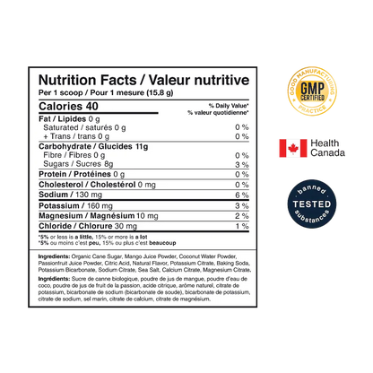 Nutrition facts label for a dietary supplement powder, showing calories, fat, protein, and other nutrients per scoop. The label includes Health Canada certification mark and a banned substances test badge.