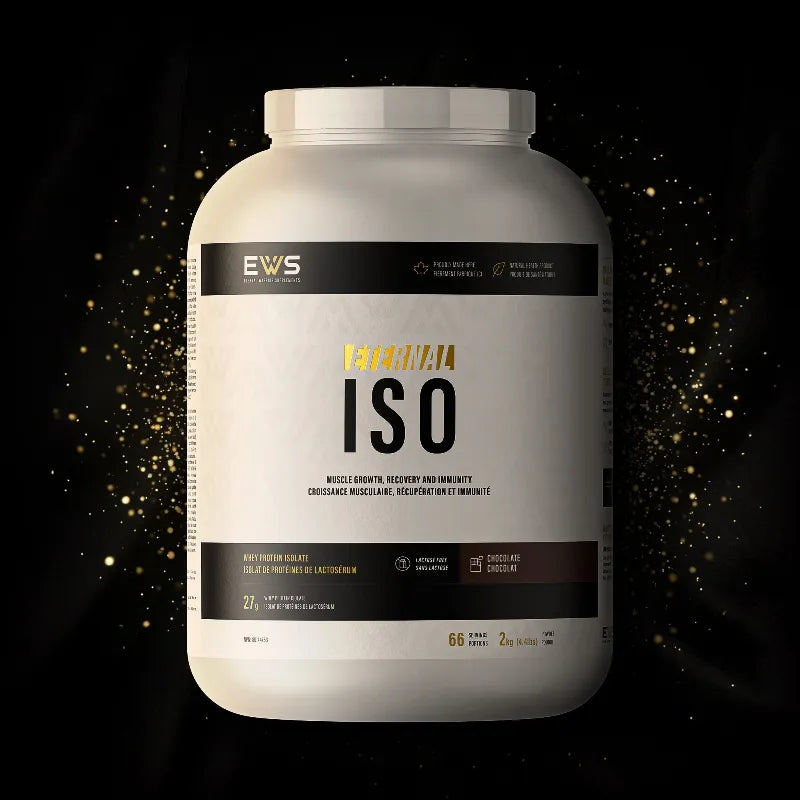 Protein powder container with 'EWS' branding on a dark background