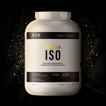 Protein powder container with 'EWS' branding on a dark background