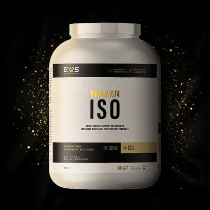 White supplement container with black text on a dark background