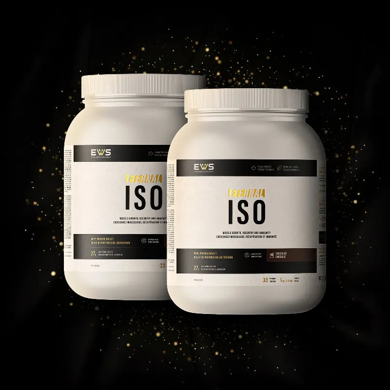 Two white tubs of EWS Isolate protein powder with black and gold labels, set against a dark background with gold glitter accents.