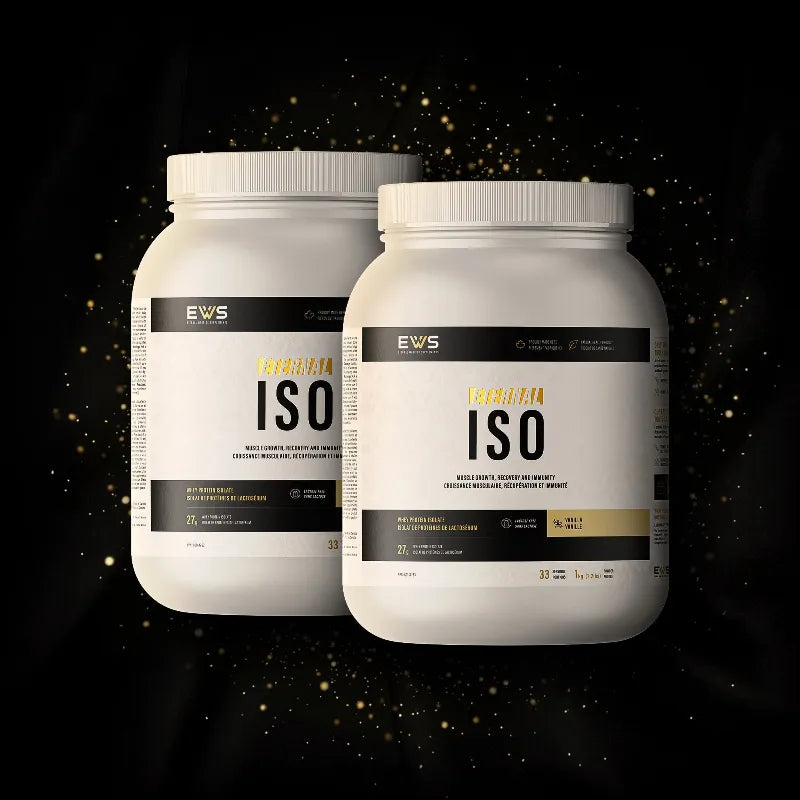 Two white tubs of EWS Isolate protein powder displayed against a black background with gold glitter accents. The front tub is clearly visible, while the second tub is positioned behind it and slightly obscured.