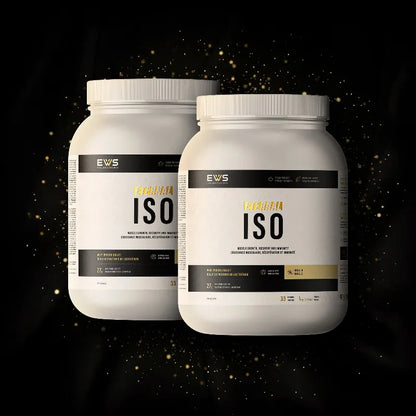 Two white tubs of EWS Isolate protein powder displayed against a black background with gold glitter accents. The front tub is clearly visible, while the second tub is positioned behind it and slightly obscured.