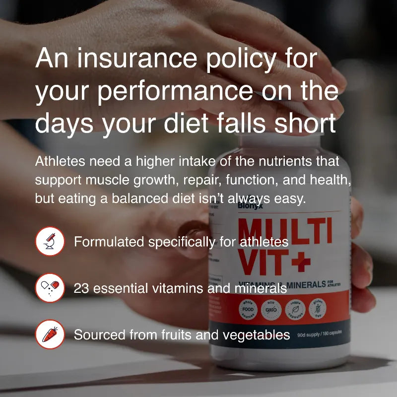 Multivitamin supplement bottle with text about an insurance policy for athletic performance.