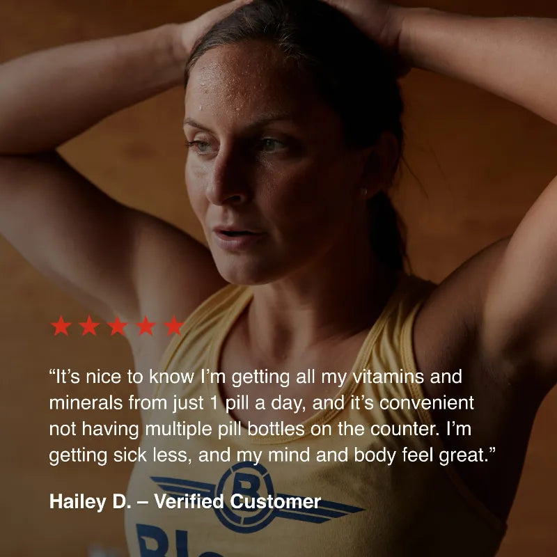 Woman exercising with a quote from a verified customer about vitamins on a dark background