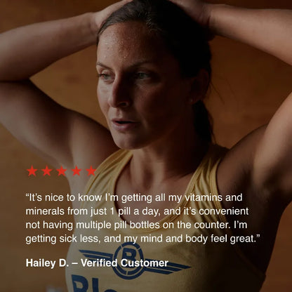 Woman exercising with a quote from a verified customer about vitamins on a dark background