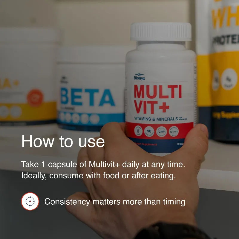 Hand holding a bottle of Blonyx Multi Vit+ with usage instructions displayed.