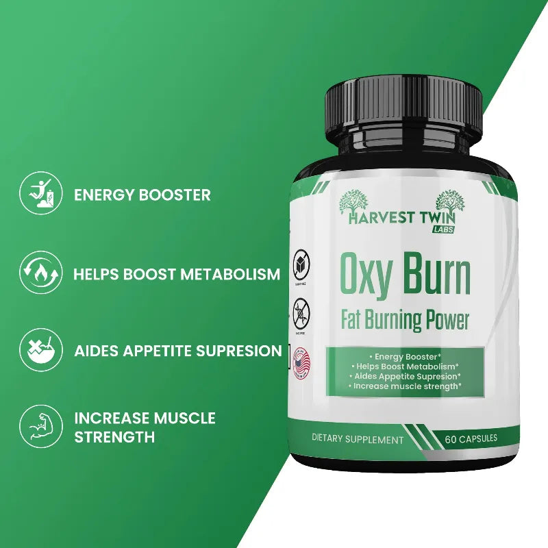 A bottle of Harvest Twin Oxy Burn Fat Burning Power dietary supplement shown on a green and white graphic background with feature callouts on the left.