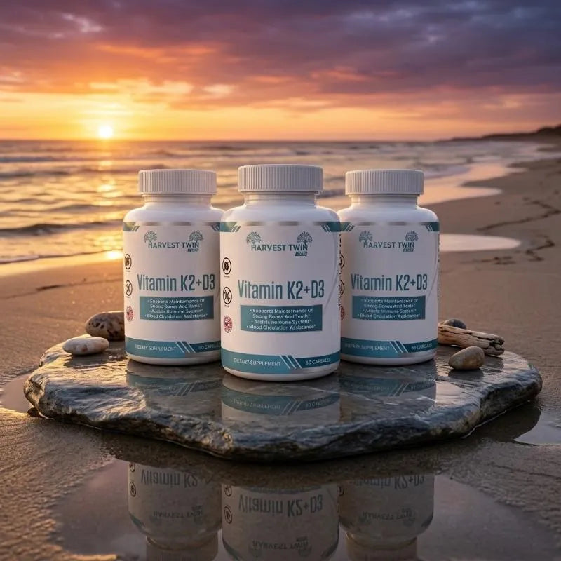 Three white bottles of Harvest Two Bio Vitamin K2+D3 are arranged on a wet stone slab on a beach at sunset, with ocean waves and a colorful sky in the background.