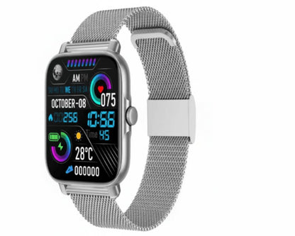 Smartwatch with a metal mesh band on a white background
