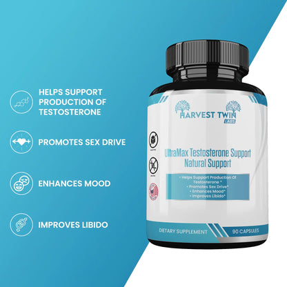 Harvest Twin Labs UltraMax Testosterone Support Natural Support dietary supplement bottle on a blue and white graphic background with text listing benefits: helps support production of testosterone, promotes sex drive, enhances mood, and improves libido.