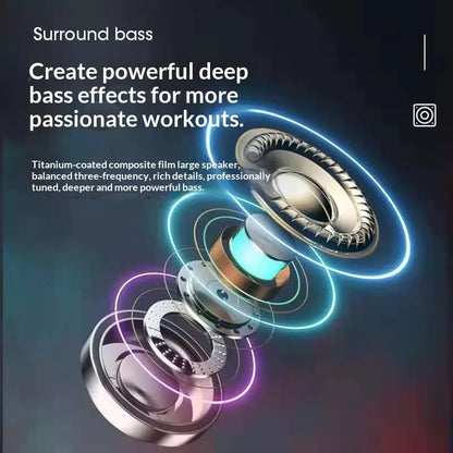 Illustration of a speaker with text about surround bass effects on a dark background