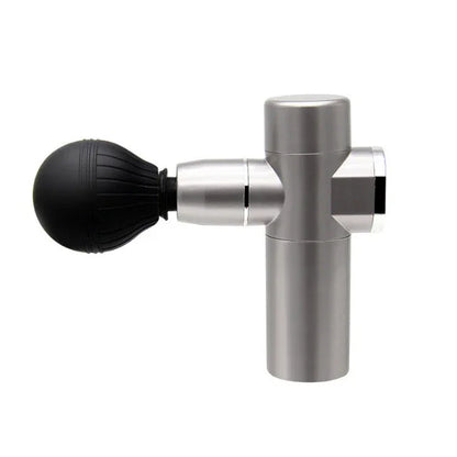 Silver handheld massage gun with black rubberized round attachment for fitness recovery