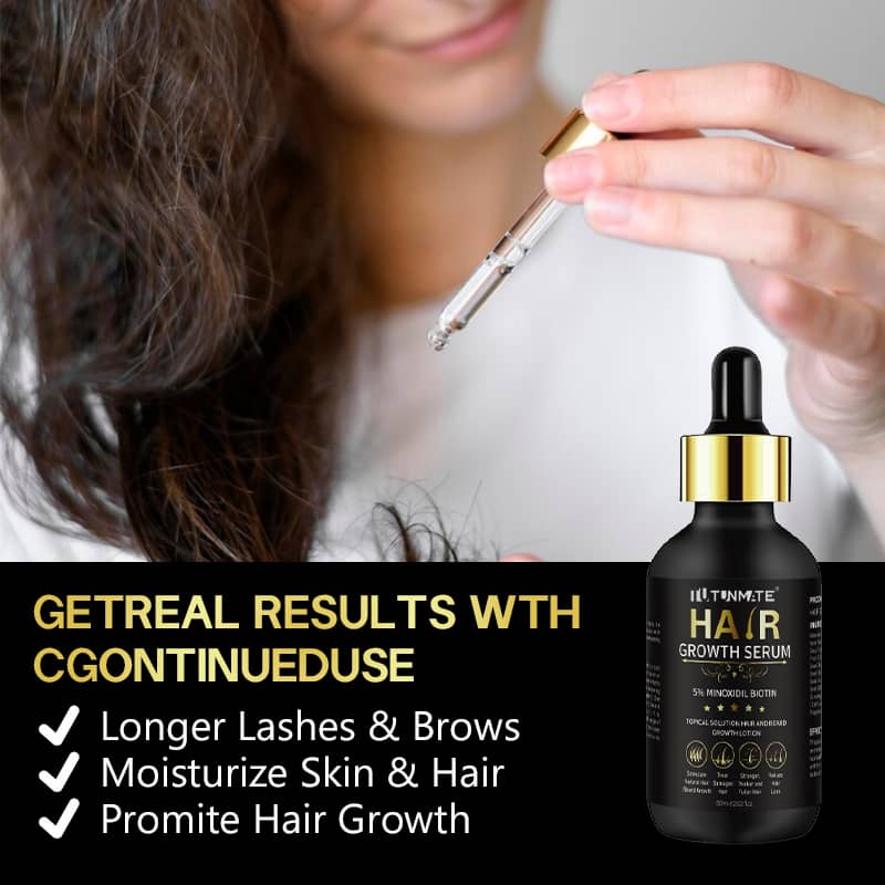 Hair growth serum bottle with dropper held by a hand, close-up of hair, and promotional text about product benefits.