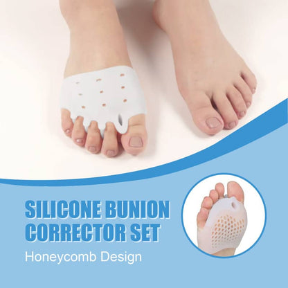 Silicone bunion corrector set with honeycomb design on a foot, against a light background.
