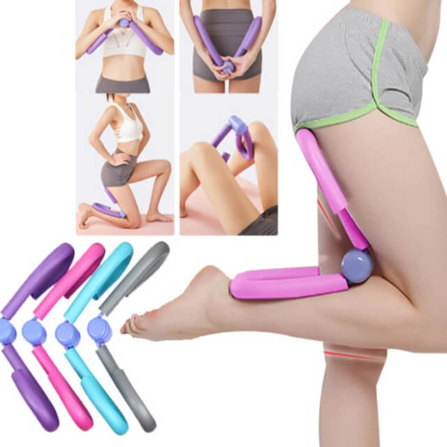 Colorful leg exercise tool being used on a person's legs with close-up shots of the tool.