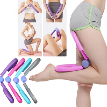 Colorful leg exercise tool being used on a person's legs with close-up shots of the tool.